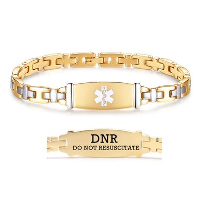LinnaLove 7 1/2 in Gold Lady Medical Alert id Bracelets-Stainless Steel Medical Bracelets for Women DNR do not resuscitate Bracelets