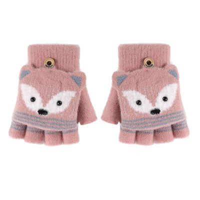 PURFUN Kids Short Knitted Half Finger Gloves with Flip Top, Winter Warm Writing Cycling Travel Camping Mitts Full-Finger Gloves for 3-8 Yrs, Girls Boys Christmas Halloween Mittens