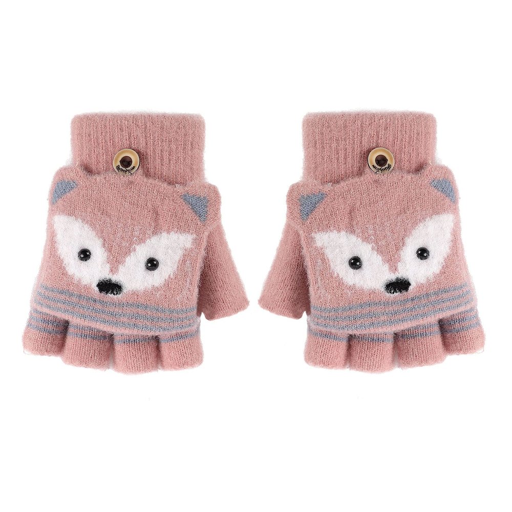 PURFUN Kids Short Knitted Half Finger Gloves with Flip Top, Winter Warm Writing Cycling Travel Camping Mitts Full-Finger Gloves for 3-8 Yrs, Girls Boys Christmas Halloween Mittens