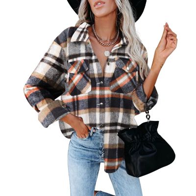 Womens Shacket Jacket Plaid Wool Blend Oversized Button Down Shacket Jacket Boyfriend Shirts with Pocket Coat Blue