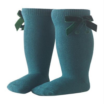 JEATHA Toddler Cute Knee High Baby Socks Kids Girls Velvet Bow Pom Poms Decor Tube Stockings Dark Blue 2-3 Years