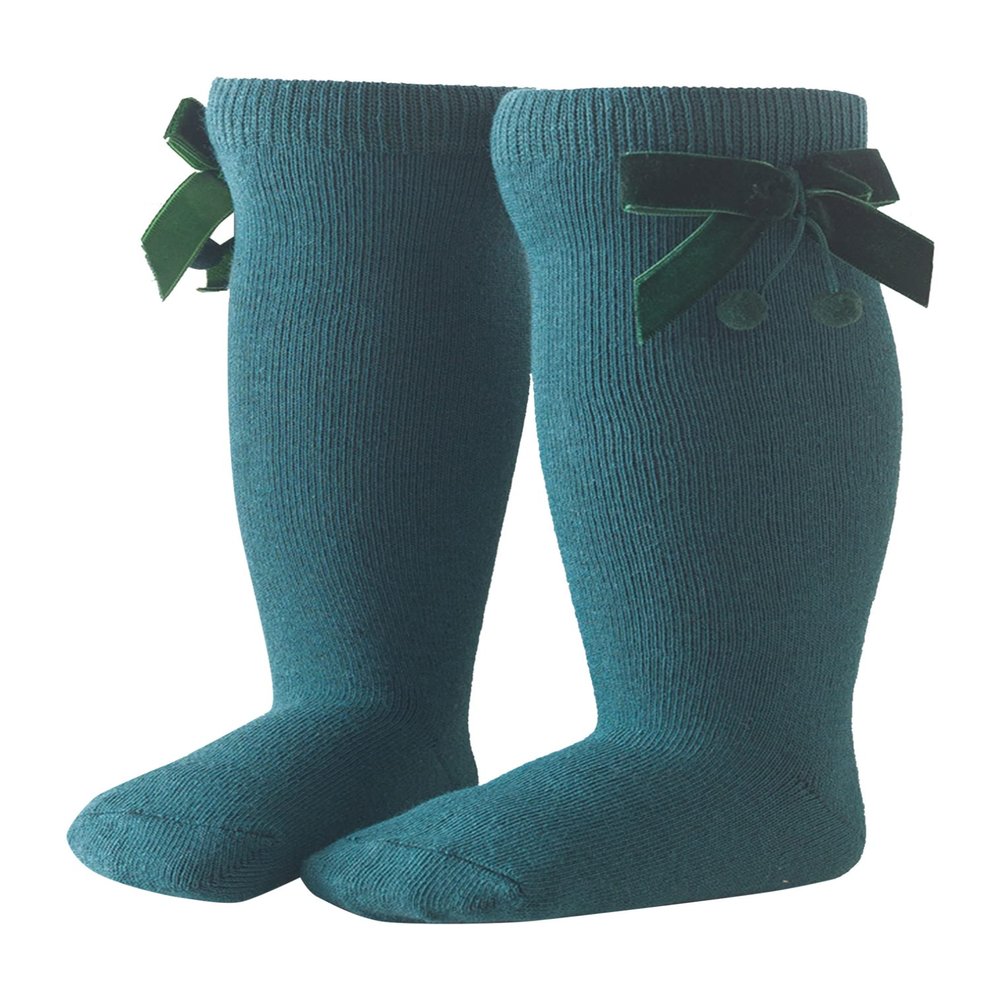 JEATHA Toddler Cute Knee High Baby Socks Kids Girls Velvet Bow Pom Poms Decor Tube Stockings Dark Blue 2-3 Years
