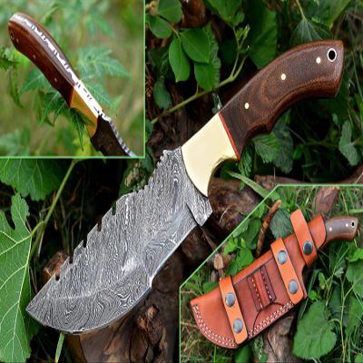 Nooraki 11 Handmade Damascus Steel Bushcraft Knife with Brown Micarta Handle Full Tang Outdoor Survival Knife for Camping & Hunting Includes Leather Sheath