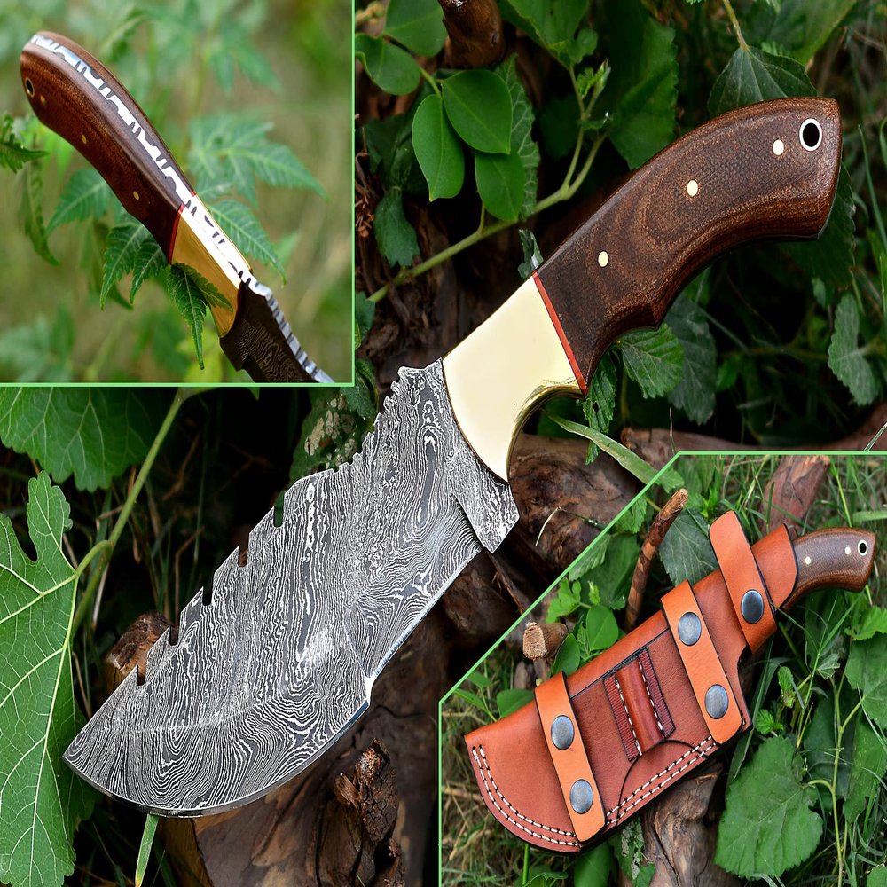 Nooraki 11 Handmade Damascus Steel Bushcraft Knife with Brown Micarta Handle Full Tang Outdoor Survival Knife for Camping & Hunting Includes Leather Sheath