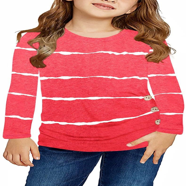 Ebifin Girls Long Sleeve Shirts Kids Casual Crewneck Tunic Tops Button Striped Tee Blouses Size 4-15