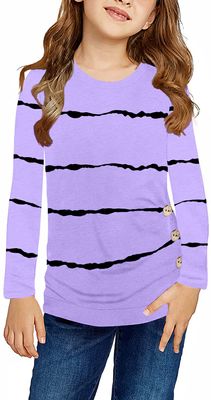 Ebifin Girls Long Sleeve Shirts Kids Casual Crewneck Tunic Tops Button Striped Tee Blouses Size 4-15