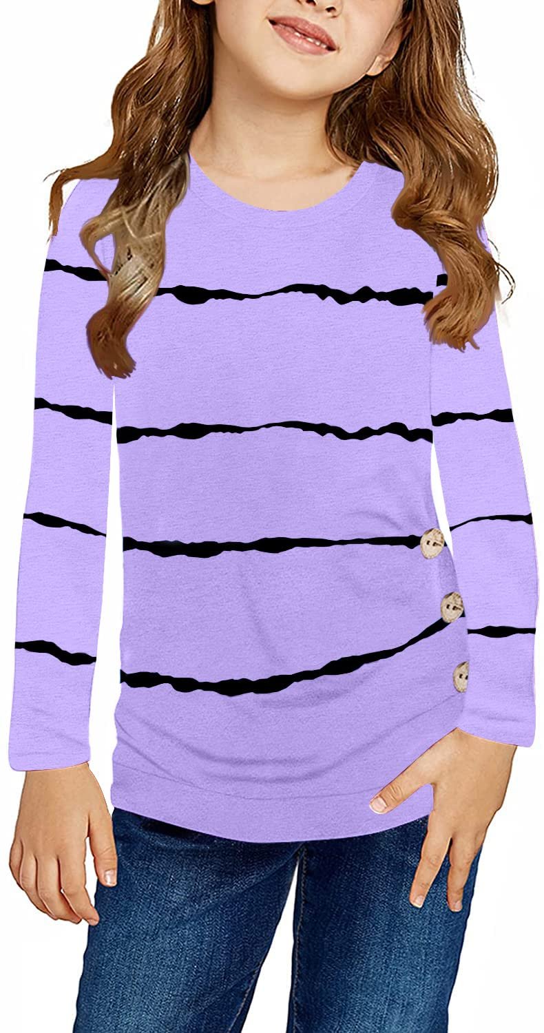 Ebifin Girls Long Sleeve Shirts Kids Casual Crewneck Tunic Tops Button Striped Tee Blouses Size 4-15