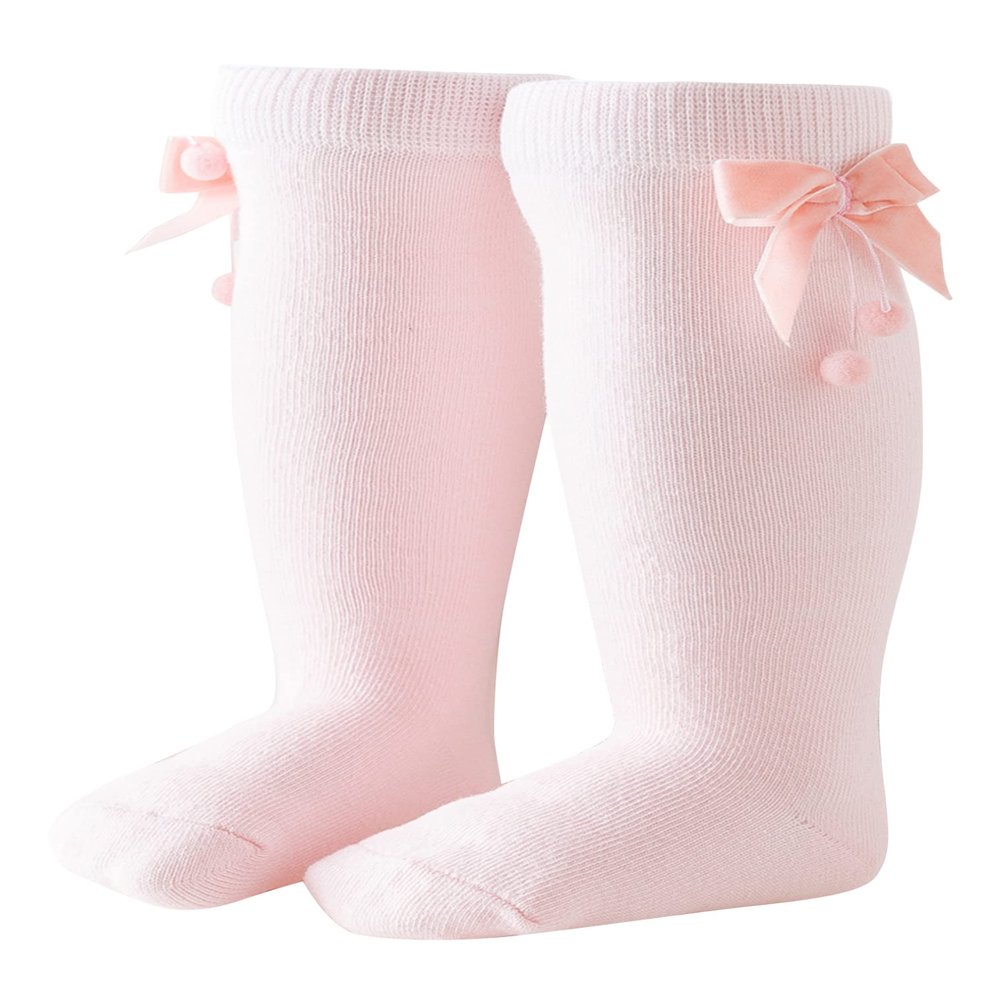 JEATHA Toddler Cute Knee High Baby Socks Kids Girls Velvet Bow Pom Poms Decor Tube Stockings Pink 2-3 Years