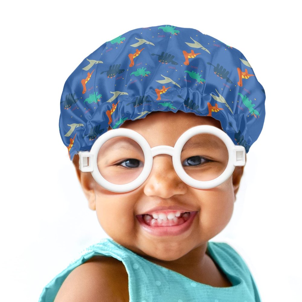 Babrukda Cute Dinosaur Blue Print Kids Satin Sleep Cap, Boys Girls Slouchy Sleeping Hat Beanie Slap Hat for Toddler Children Baby Adjustable Elastic Band Hair Cover Curly Hair Cap