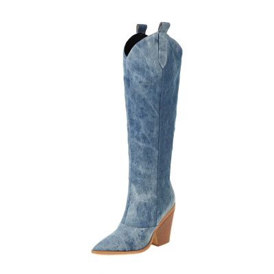 Womens Denim Knee High Boots - Fashion Casual Pointed Toe Chunky Heel Slip on High Boots Fall Solid Comfortable Ladies Square High Heel Shoes