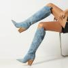 Womens Denim Knee High Boots - Fashion Casual Pointed Toe Chunky Heel Slip on High Boots Fall Solid Comfortable Ladies Square High Heel Shoes view 2