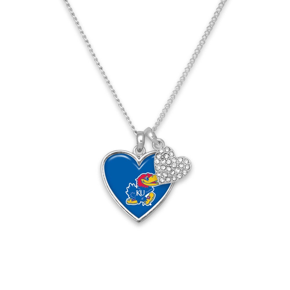 Kansas Jayhawks Amara Crystal Heart Silver Chain Necklace Jewelry Gift KU