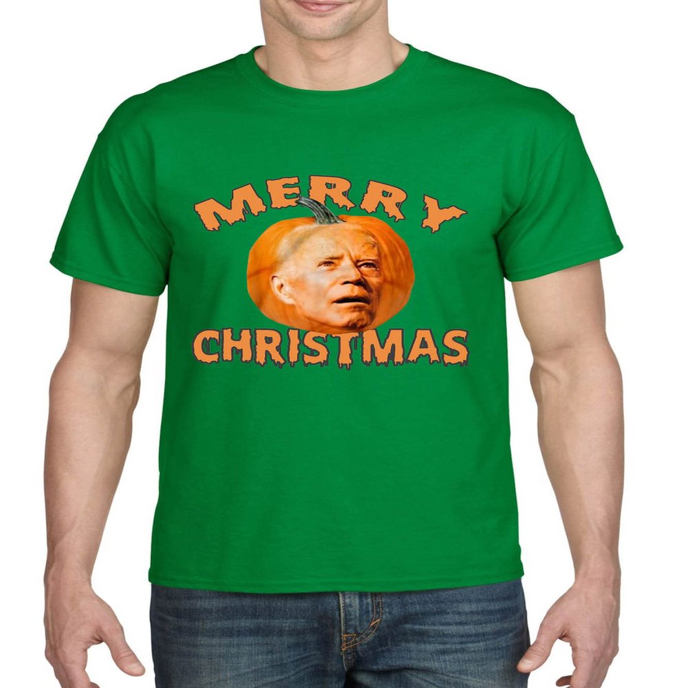 Merry Christmas Anti Joe Biden Funny Halloween 2021 Pumpkin Joke T-Shirt (3XL, Irish Green)