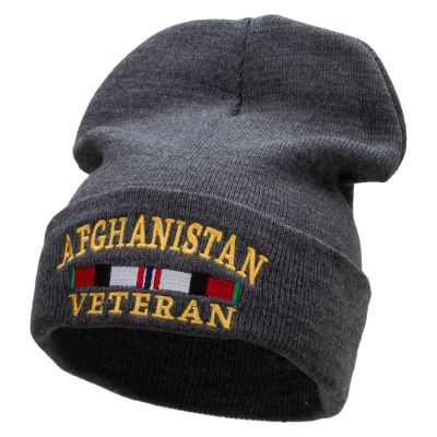 Afghanistan War Ribbon Embroidered 12 Inch Solid Knit Cuff Long Beanie Made in USA - Charcoal OSFM