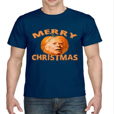 Merry Christmas Anti Joe Biden Funny Halloween 2021 Pumpkin Joke T-Shirt (3XL, Navy Blue)