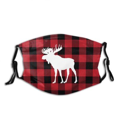 Niqqzit Red Buffalo Check Plaid Moose Deer Mask with Filter Breathable Face Mask Washable Balaclava Bandana Mouth Cover with Adjustable Ear Loops