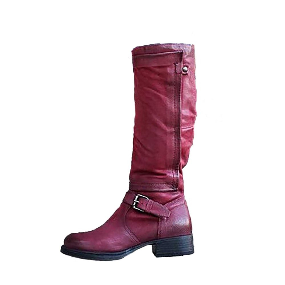 oiangi Boots for Women Knee High - Fashion Belt Buckle Side Zipper Chunky Low Heel Round Toe High Boots Solid Casual Comfortable Square Heel Shoes
