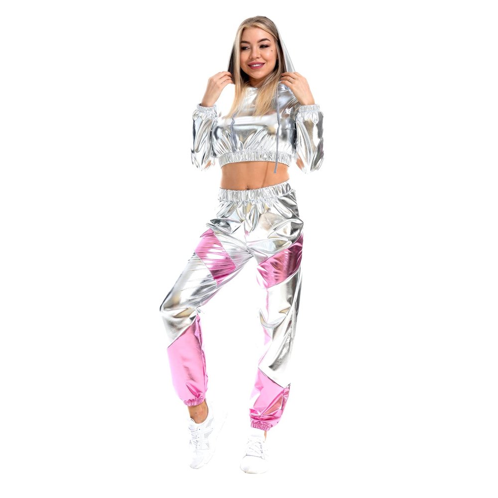 ABOCIW Women Shiny Metallic Sweatsuit Sets 2 Piece Outfits High Waisted Color Block Holographic Hip Hop Jogger Pants Long Sleeve Crop Hoodie Sweatshirts Rave Party Clubwear Pink XX-Large