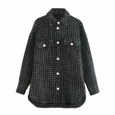 Women's Elegant Check British Grid Pearl Buttons Shacket Shirt Jacket Long Sleeve Plaid Blouses Tops with Flap Pocket(S,Black)