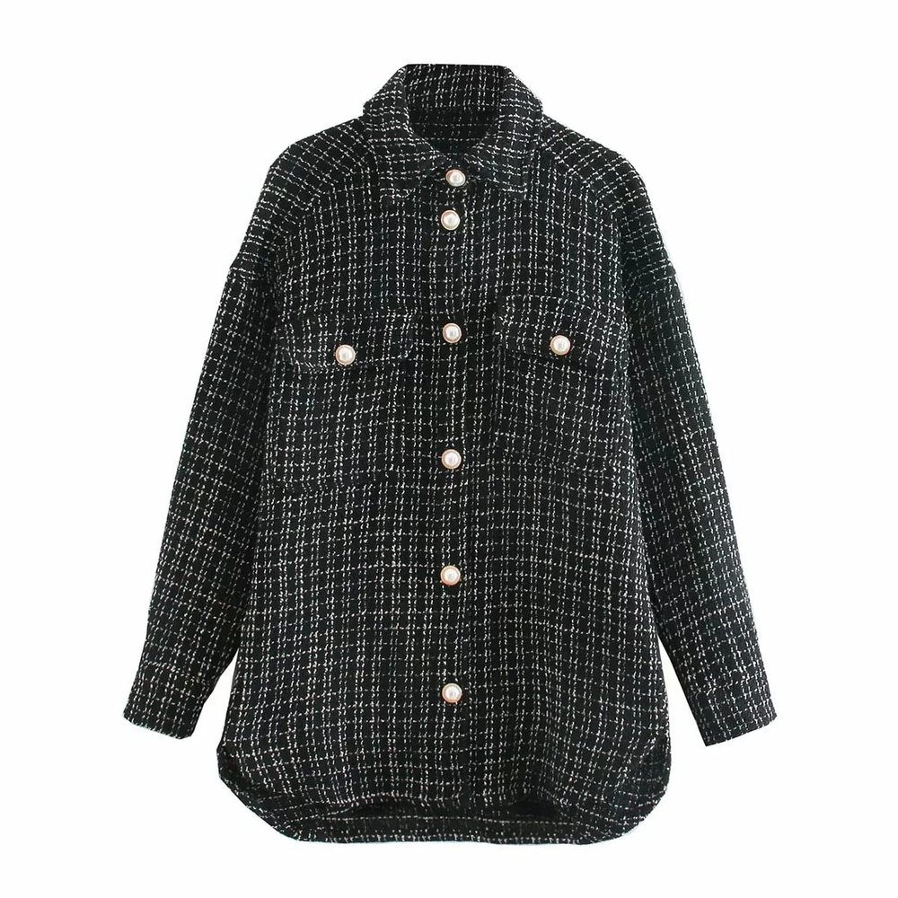 Women's Elegant Check British Grid Pearl Buttons Shacket Shirt Jacket Long Sleeve Plaid Blouses Tops with Flap Pocket(S,Black)
