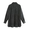 Women's Elegant Check British Grid Pearl Buttons Shacket Shirt Jacket Long Sleeve Plaid Blouses Tops with Flap Pocket(S,Black) view 2