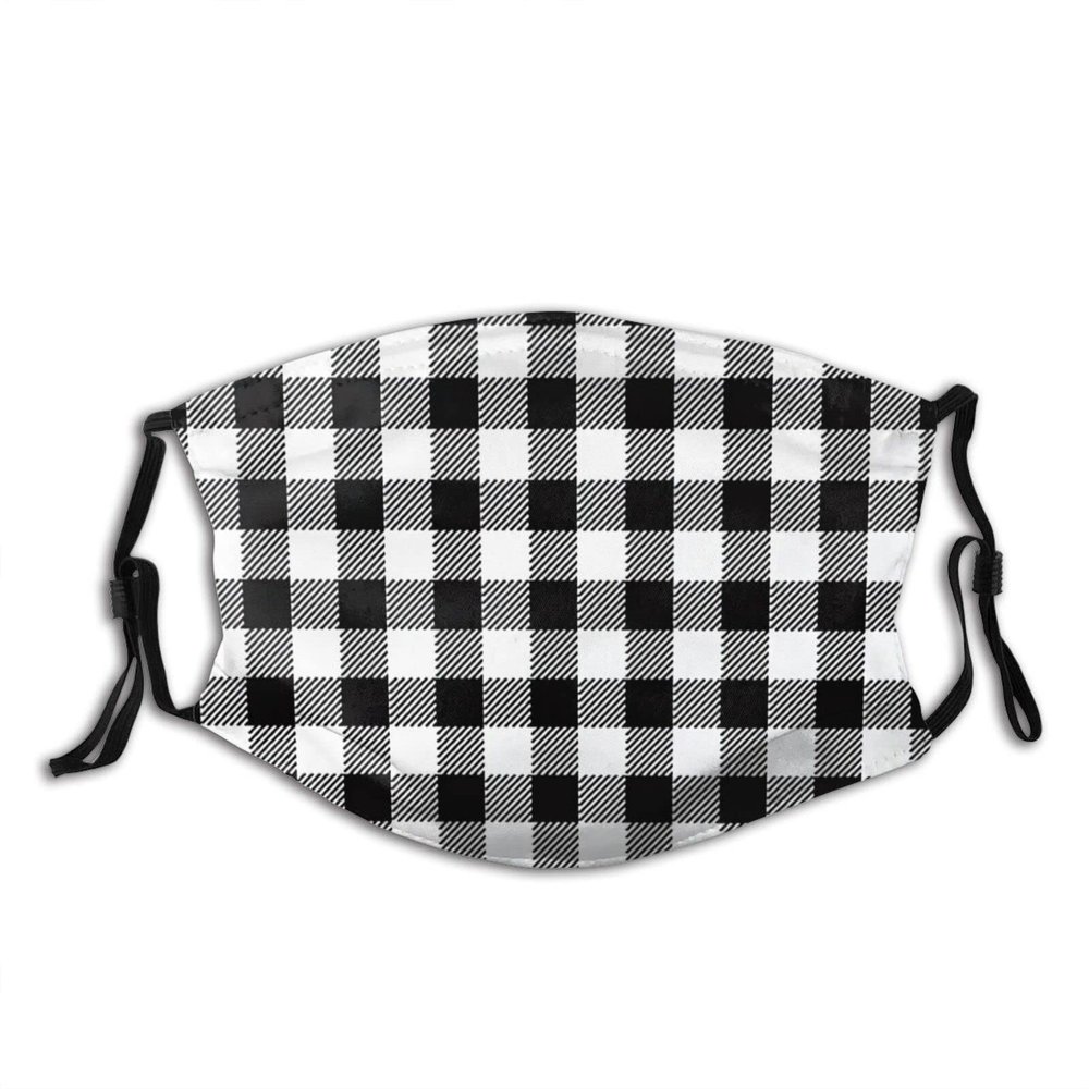 Niqqzit Buffalo Plaid Black and White Check Mask with Filter Breathable Face Mask Washable Balaclava Bandana Mouth Cover with Adjustable Ear Loops