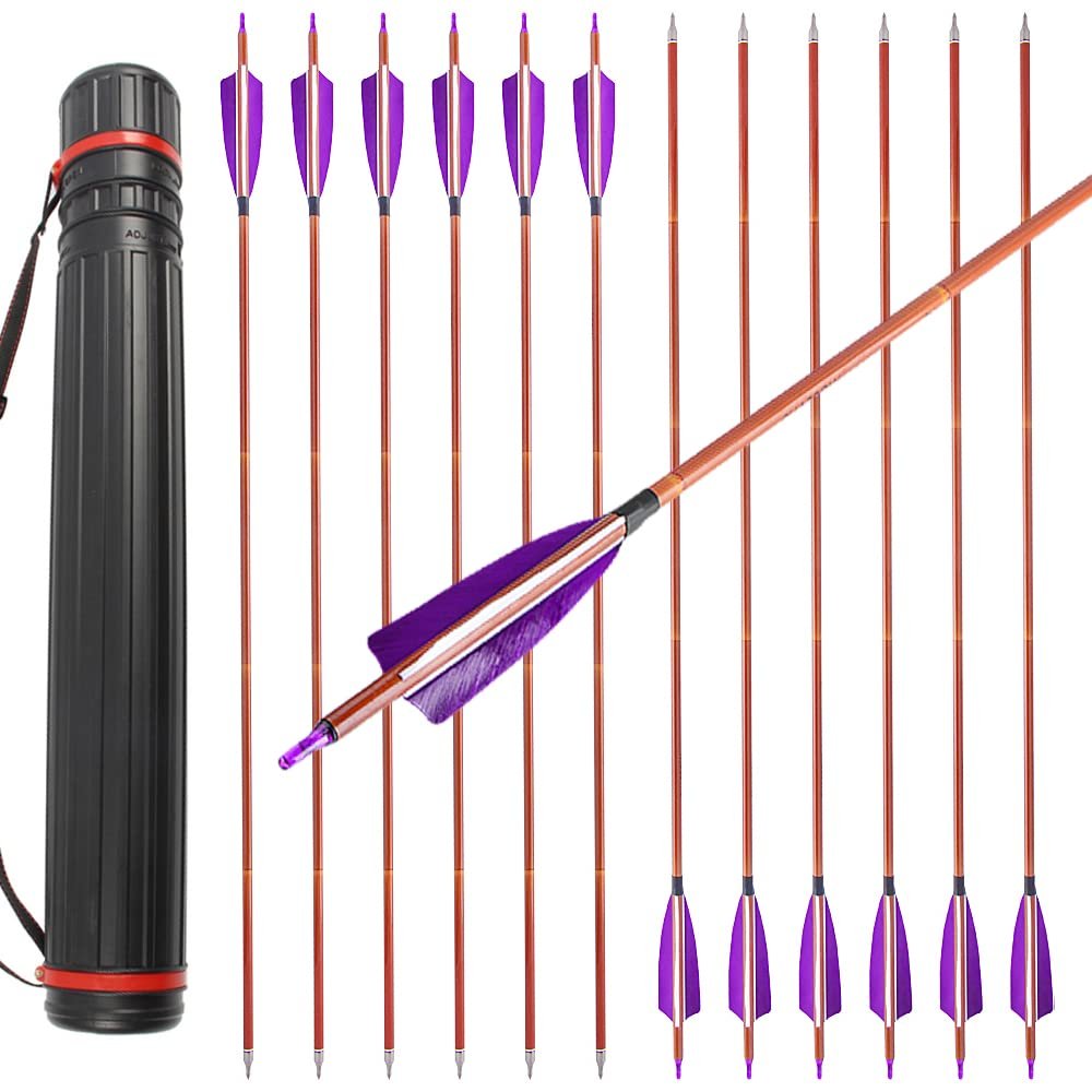 ZSHJGJR 30 Inch Archery Carbon Arrows Bamboo Pattern Shaft 500 Pine Practice Hunting Arrows with Removable Arrow Tips for Hunting Target Shooting 6/12pcs (12pcs + Arrow Quiver Tube)