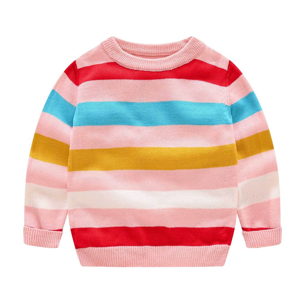 Agoky Unisex Kids Sweater Pullover Long Sleeve Rainbow Stripe Jumper Tops Cotton Spring Fall Casual Wear Pink 4-5 Years