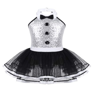 Hansber Girls Sequins Halter Bowtie Texudo Leotard Tutu Dress Ringmaster Circus Show Costume Halloween Christmas Outfit Silver 14 Years