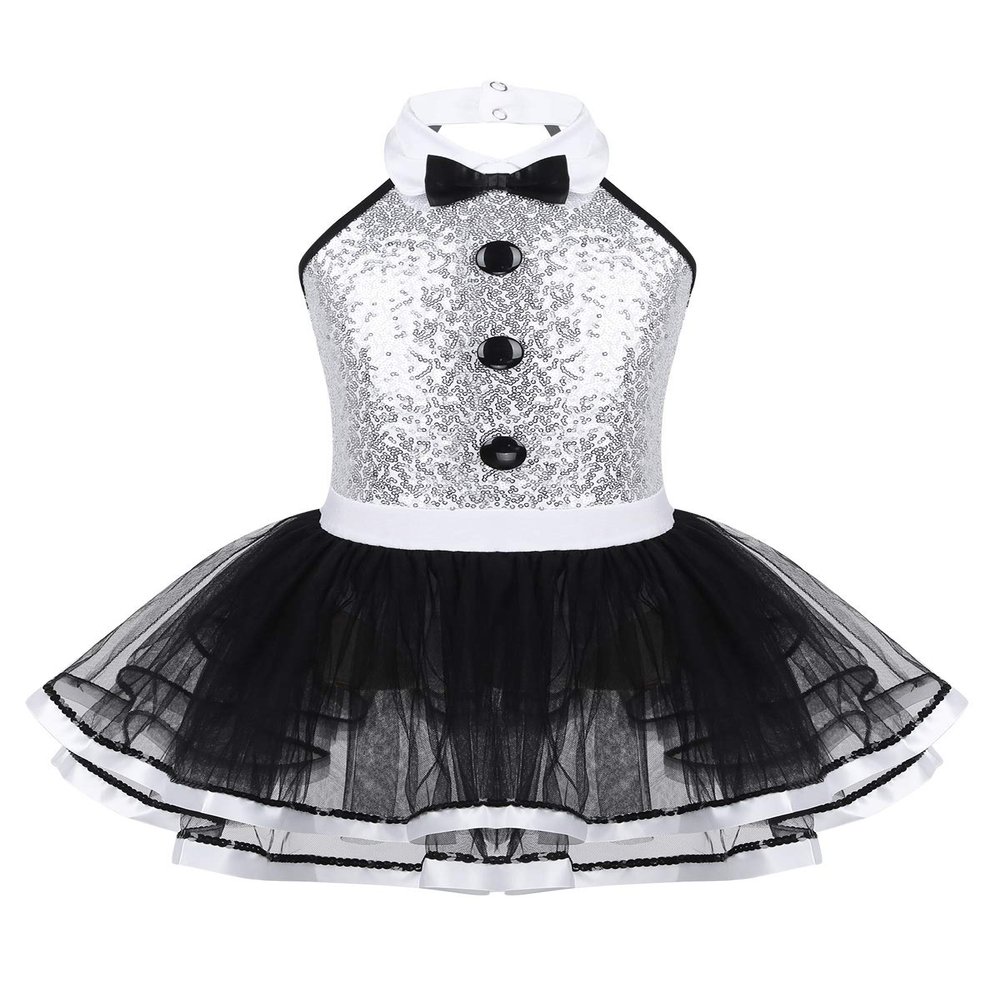 Hansber Girls Sequins Halter Bowtie Texudo Leotard Tutu Dress Ringmaster Circus Show Costume Halloween Christmas Outfit Silver 14 Years