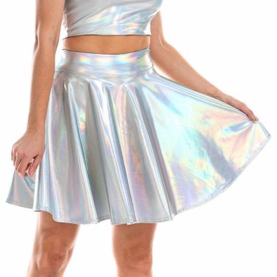 Loloda Women's Holographic Mini Skirt Club Party Dance Dress Anime JK Metallic Pleated Skirts Silver A X-Large