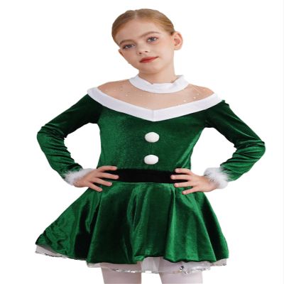 Moily Kids Girls Velvet Long Sleeve Figure Ice Skating Dress Tutu Skirt Dance Leotard Christmas Santa Dress Outfit V Neck Green 16 Years