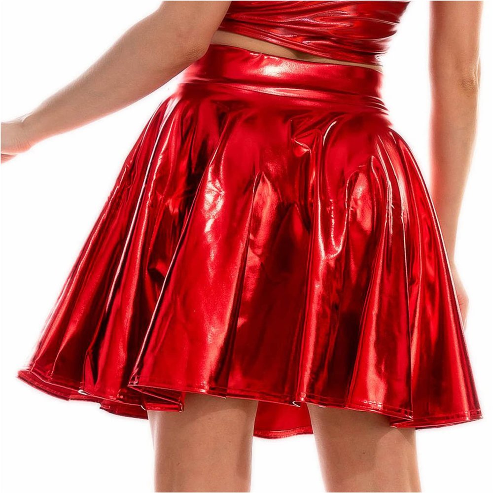 Loloda Women's Holographic Mini Skirt Club Party Dance Dress Anime JK Metallic Pleated Skirts Red Medium