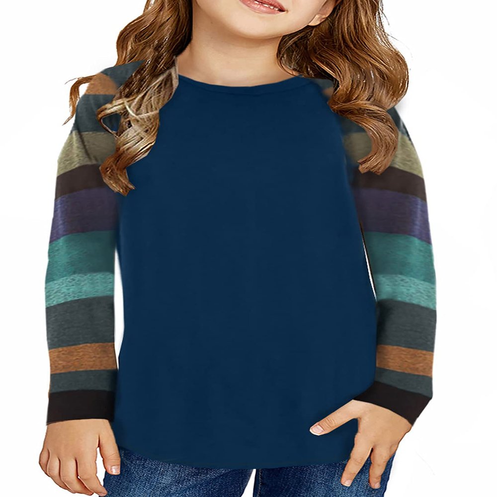 SELINK Girl's Casual Big Kids Long Sleeve Striped Color Block Casual Tees with Pockets Blue Striped XXL