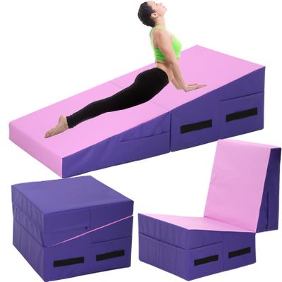 BLKMTY Folding Gymnastics Mat, 48" x 24" Incline Mats Tumbling Cheese Wedge Mat Kids Cheese Pad Indoor/Outdoor Exercise Yoga Mats for Home Gym with Non-Slip Pvc Surface and Handle, Pink