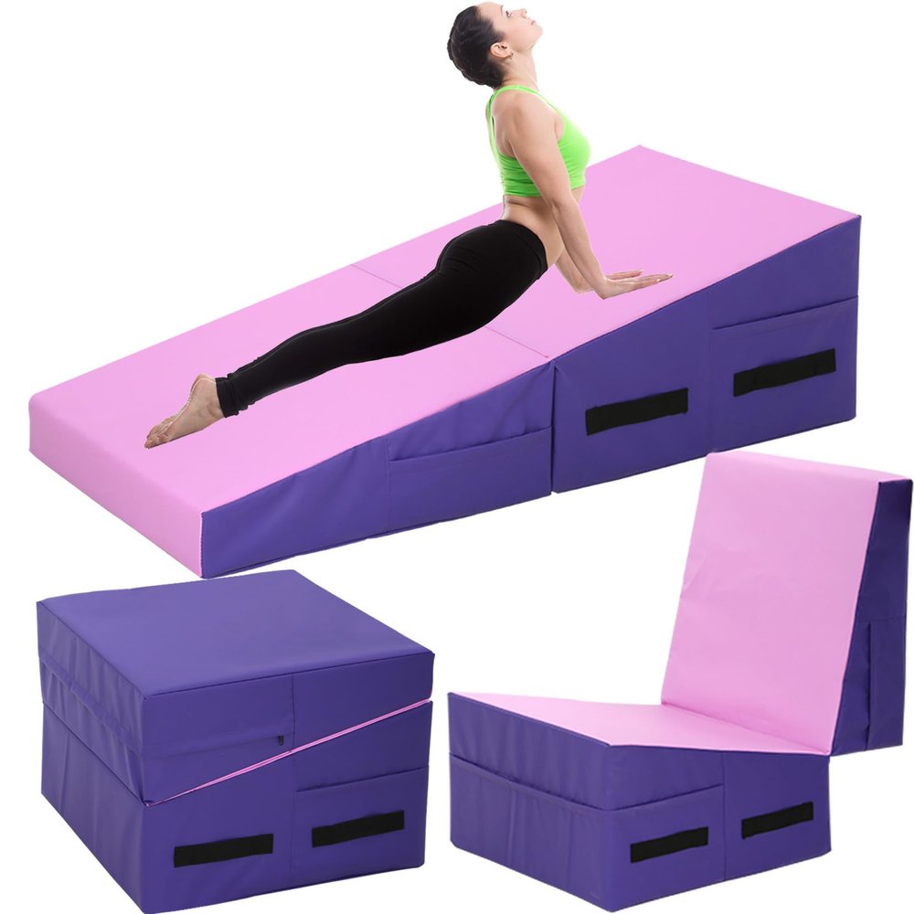 BLKMTY Folding Gymnastics Mat, 48" x 24" Incline Mats Tumbling Cheese Wedge Mat Kids Cheese Pad Indoor/Outdoor Exercise Yoga Mats for Home Gym with Non-Slip Pvc Surface and Handle, Pink