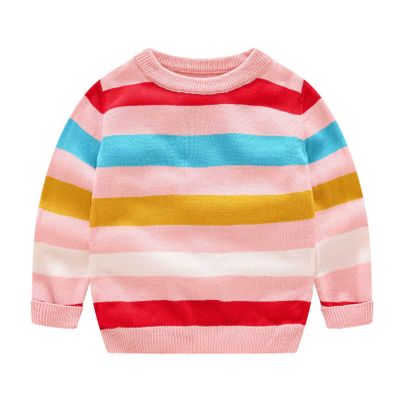 Agoky Unisex Kids Sweater Pullover Long Sleeve Rainbow Stripe Jumper Tops Cotton Spring Fall Casual Wear Pink 2-3 Years