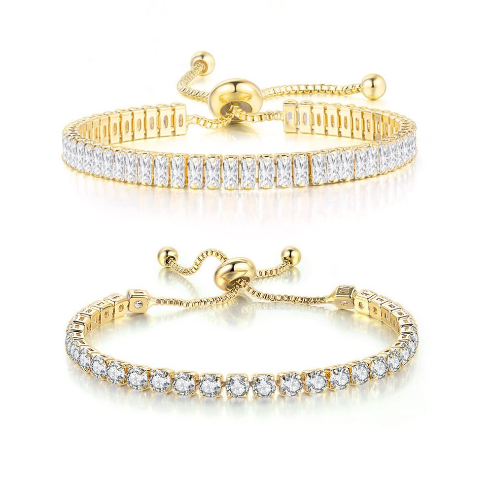 Dainty Sparkling Crystal Tennis Bracelets Set 18K Gold Plated Shiny Cubic Zirconia Jewelry Birthday Gifts for Women-Gold