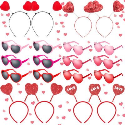 20 Pieces Valentines Day Pink Heart Sunglasses Rimless Sunglasses Heart Headbands for Women Men Red Sequin Love Shaped Head Boppers Valentines Party Supplies Photo Props Holiday Wedding Birthday