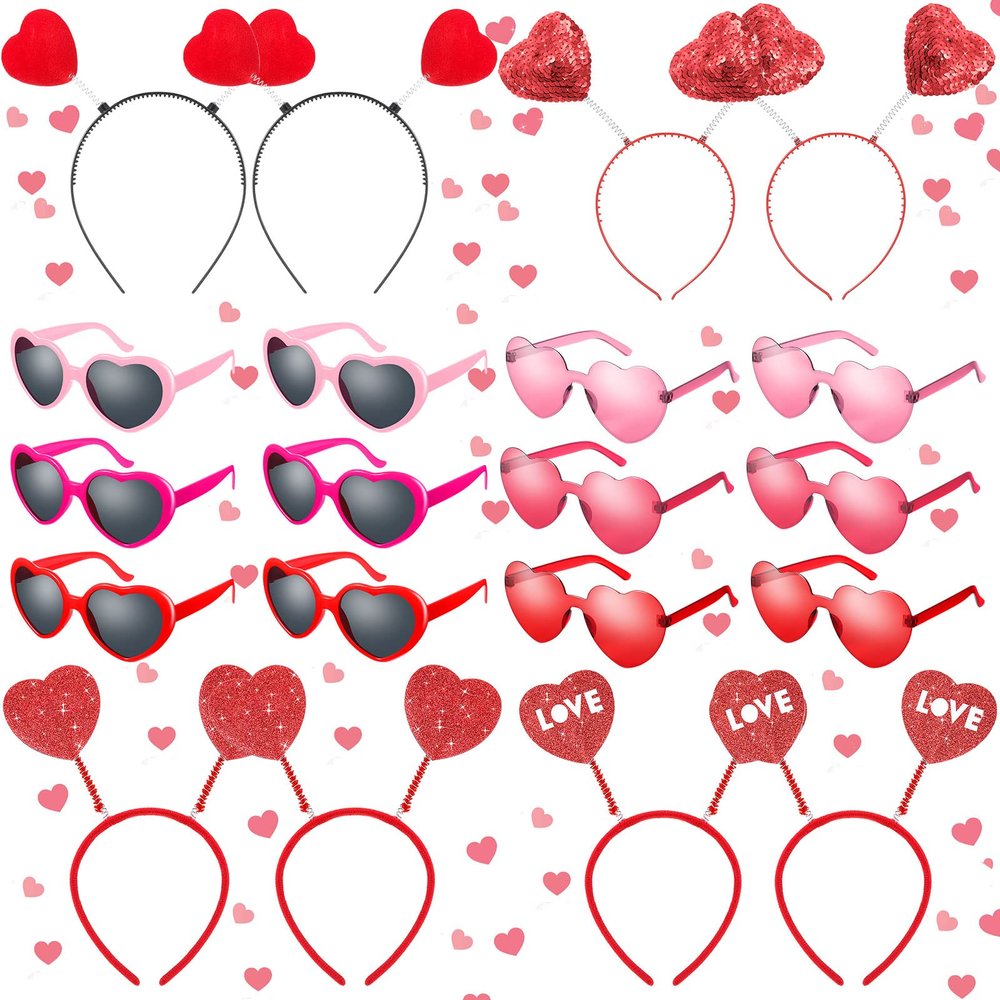 20 Pieces Valentines Day Pink Heart Sunglasses Rimless Sunglasses Heart Headbands for Women Men Red Sequin Love Shaped Head Boppers Valentines Party Supplies Photo Props Holiday Wedding Birthday