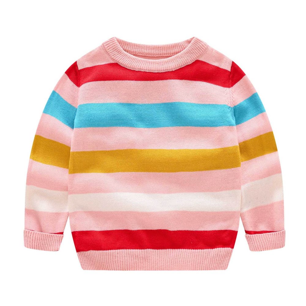 Freebily Kids Girls Crochet Knit Long Sleeve Striped Sweater Fall Pullover Cute Knitwear Jersey Tops Pink 2-3 Years