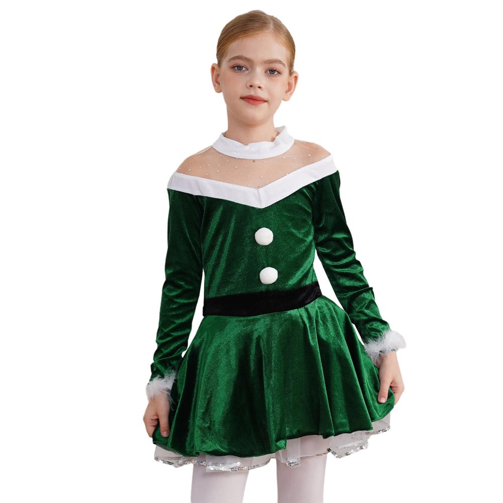 Yartina Girls Christmas Mrs Santa Claus Costume Kids Faux Fur Velvet Dress Dancewear Figure Ice Skating Outfit Green 14