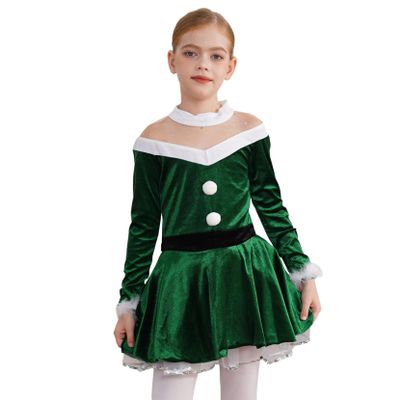 Yartina Girls Christmas Mrs Santa Claus Costume Kids Faux Fur Velvet Dress Dancewear Figure Ice Skating Outfit Green 4