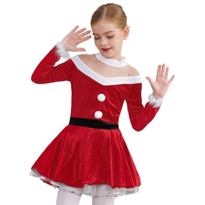 Yartina Girls Christmas Mrs Santa Claus Costume Kids Faux Fur Velvet Dress Dancewear Figure Ice Skating Outfit Red-Velvet 4