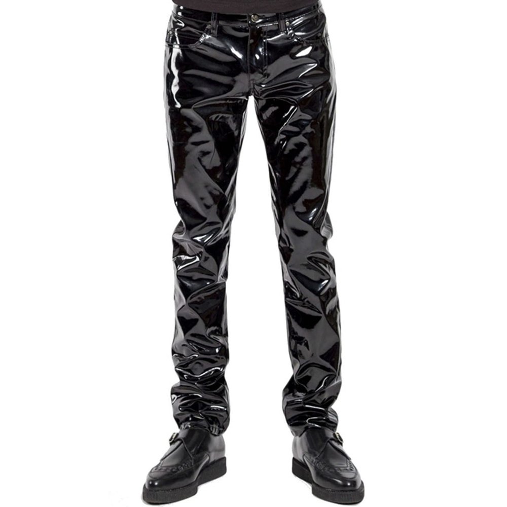 Alvivi Men's Genuine Leather Pants Skinny Straight Leg PU Motorcycle Biker Pants Long Trousers Black X-Large