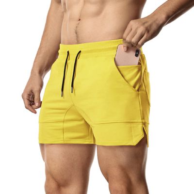 EVERWORTH Men's Workout Shorts Fitness Bodybuilding Running Fitted Short Gym Training Jogging Short Pants with Zipper Pocket and Towel Loop Yellow US M Tag XL