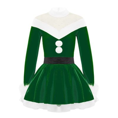 Hansber Girls Christmas Outfits Long Sleeve Faux Fur Trimming Velvet Figure Roller Skating Baton Twirling Dress Green 12