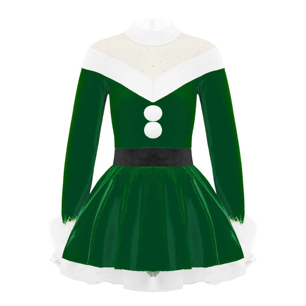 Hansber Girls Christmas Outfits Long Sleeve Faux Fur Trimming Velvet Figure Roller Skating Baton Twirling Dress Green 12