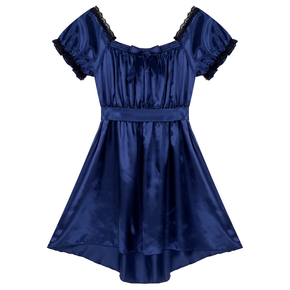 YiZYiF Men's Satin Frilly Girly Costumes Sissy Dress Cross Dresser Lingerie Pajamas Nightwear Navy Blue Medium