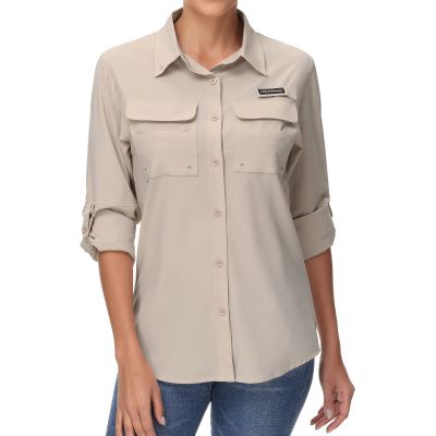 BASSDASH Women's UPF 50 Long Sleeve Fishing Hiking Button Down Shirt Performance Quick Dry FS21W Khaki